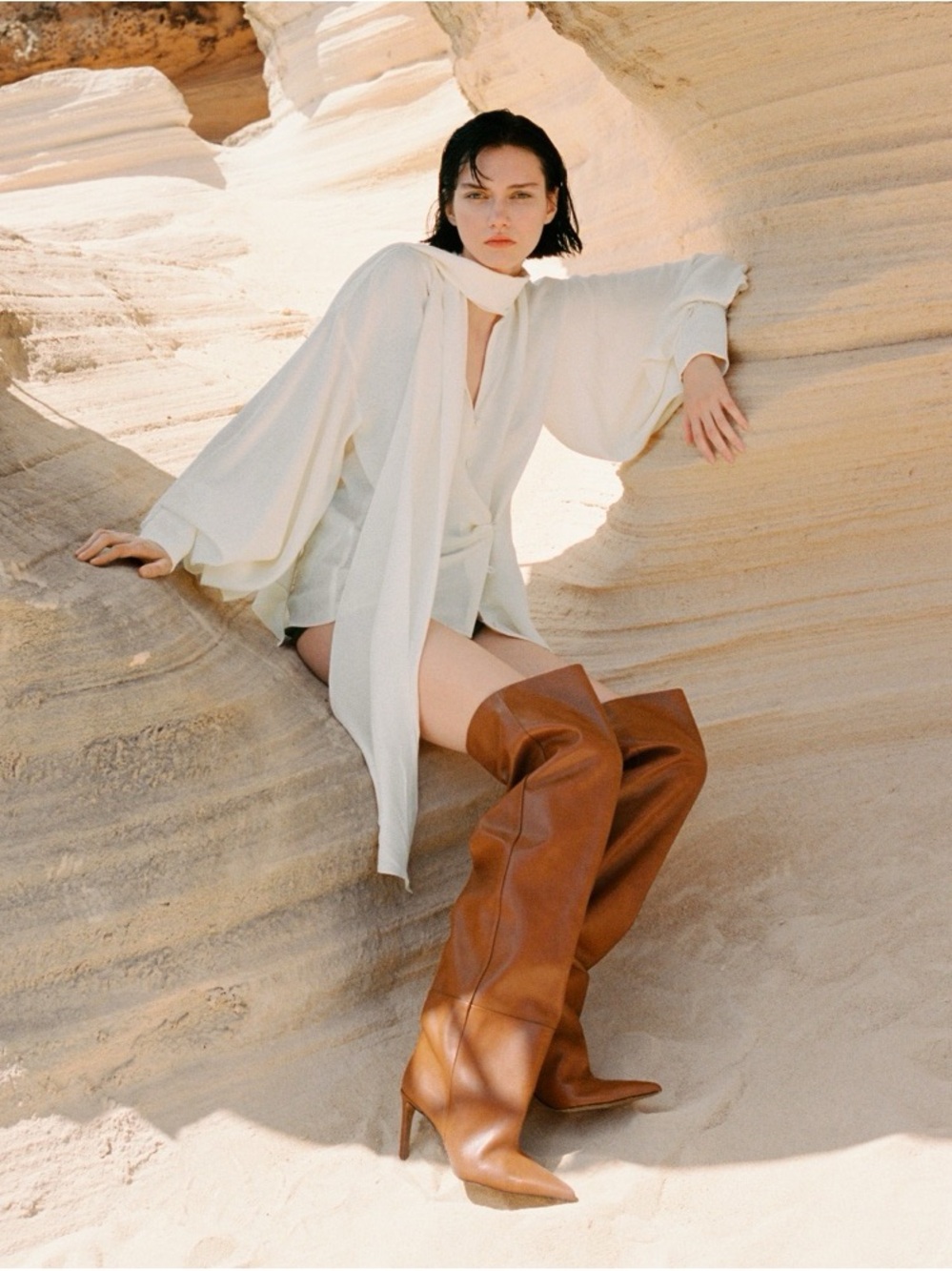 Mango Cream Flowing Long-Sleeve Blouse with Scarf Tie